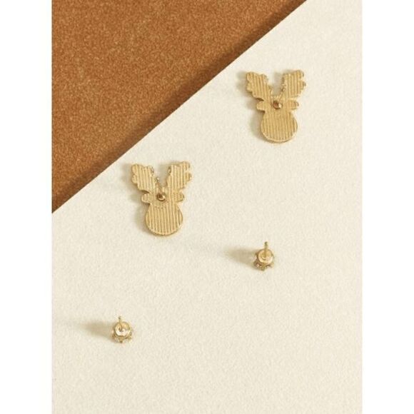 REINDEER CHRISTMAS GOLD TONED STUD EARRINGS & DIAMOND STUD EARRING SET - Picture 6 of 6